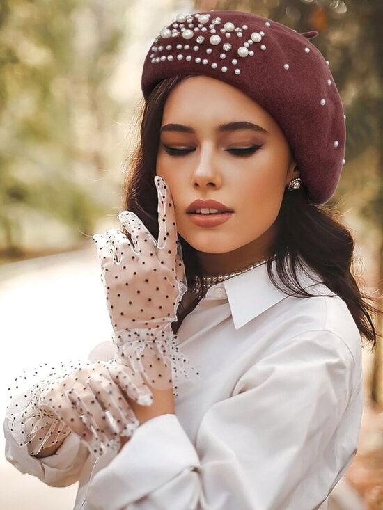 Women\'s Classic French Wool Beret Pearl & Rhinestone Embellishment Hat Coffee main image 6